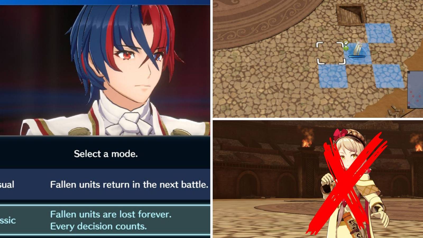 A grid of different images showing a red cross on Framme, pressing classic mode and a unit on their own in Fire Emblem Engage
