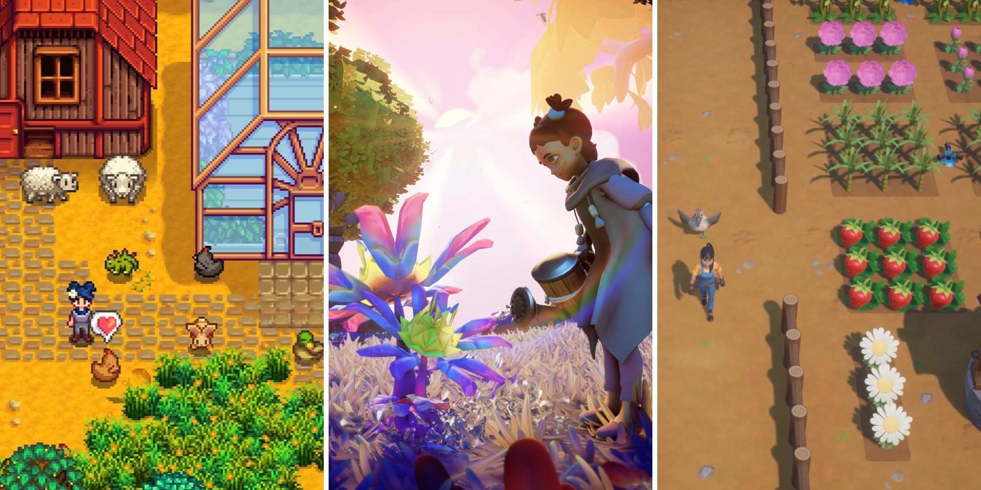 A grid of photos showing the three farming games Stardew Valley, Grow: Song of the Evertree, and Coral Island