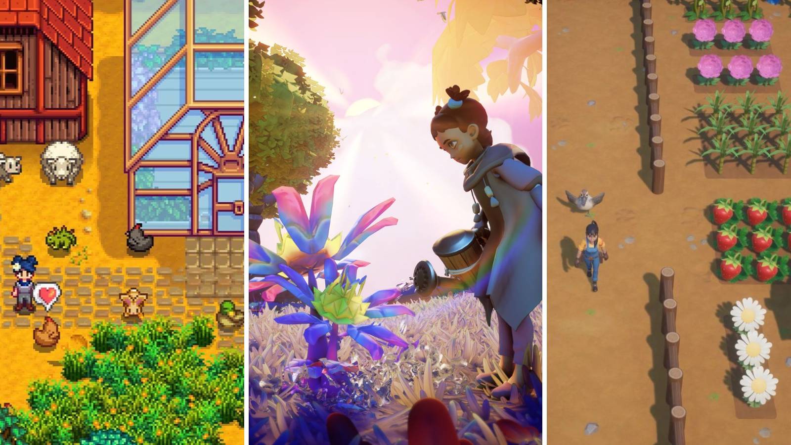 A grid of photos showing the three farming games Stardew Valley, Grow: Song of the Evertree, and Coral Island
