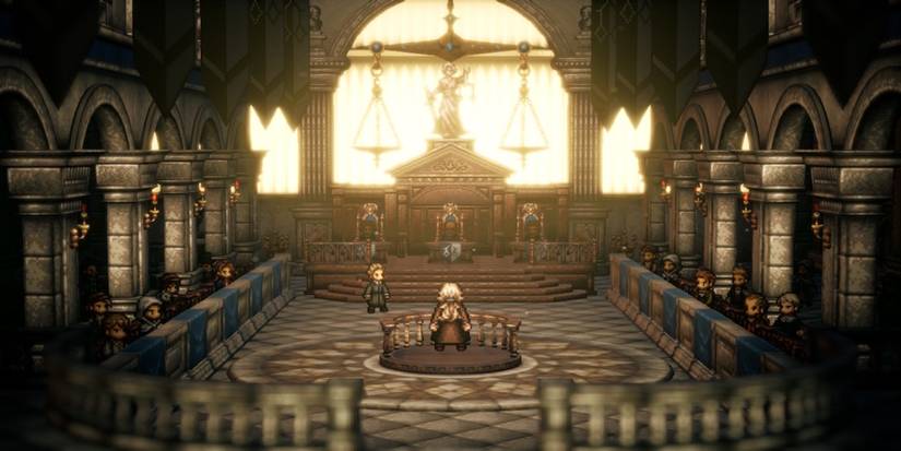 A cutscene from Osvald’s story in Octopath Traveler 2