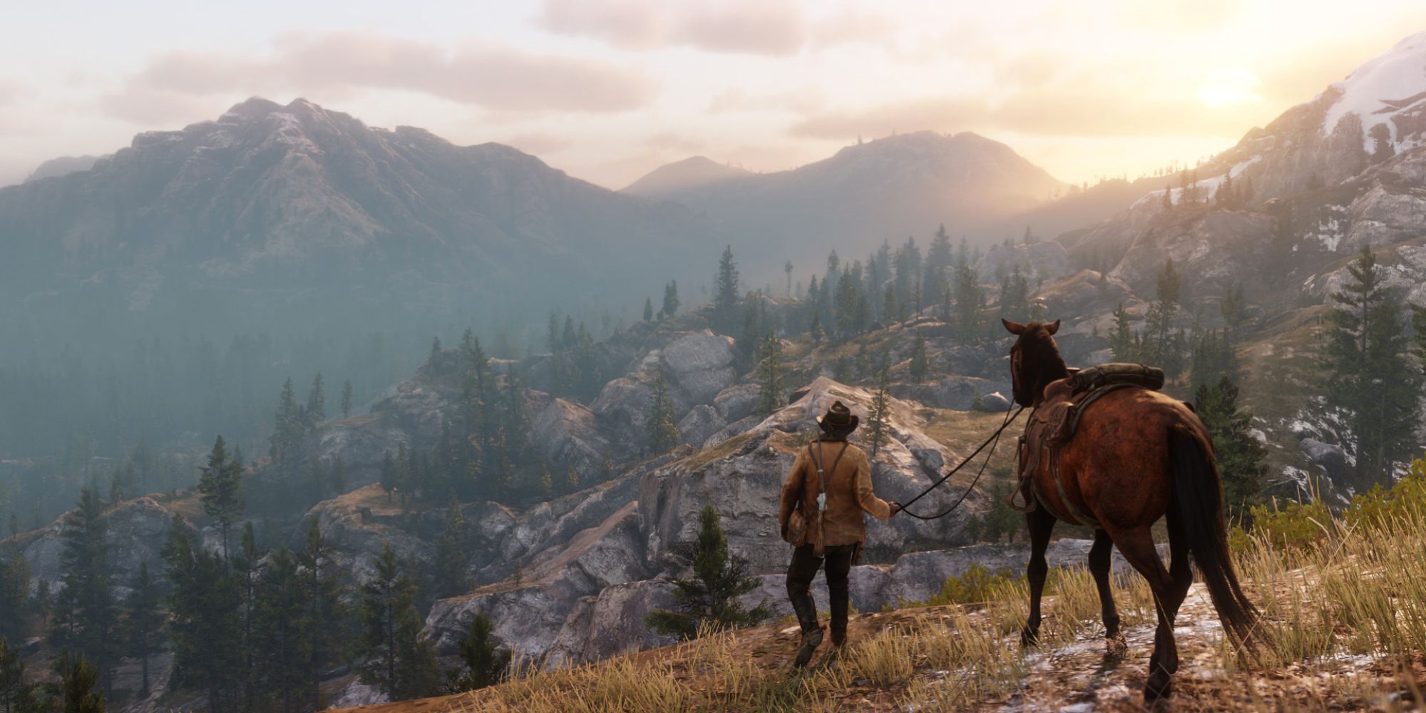 A Man And A Horse On A Cliff Staring Into The Horizon In Red Dead Redemption 2