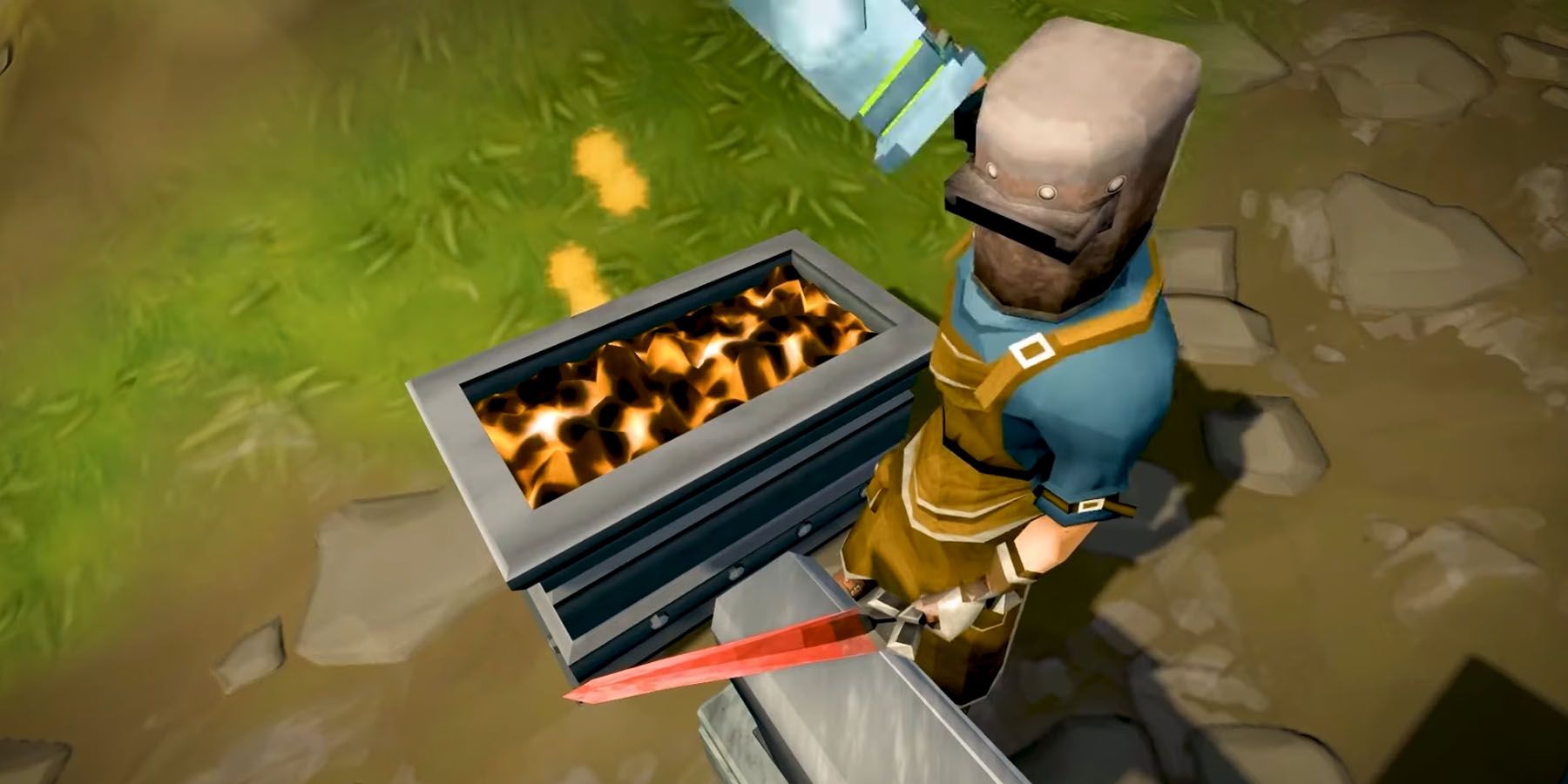 A player crafting a weapon in RuneScape