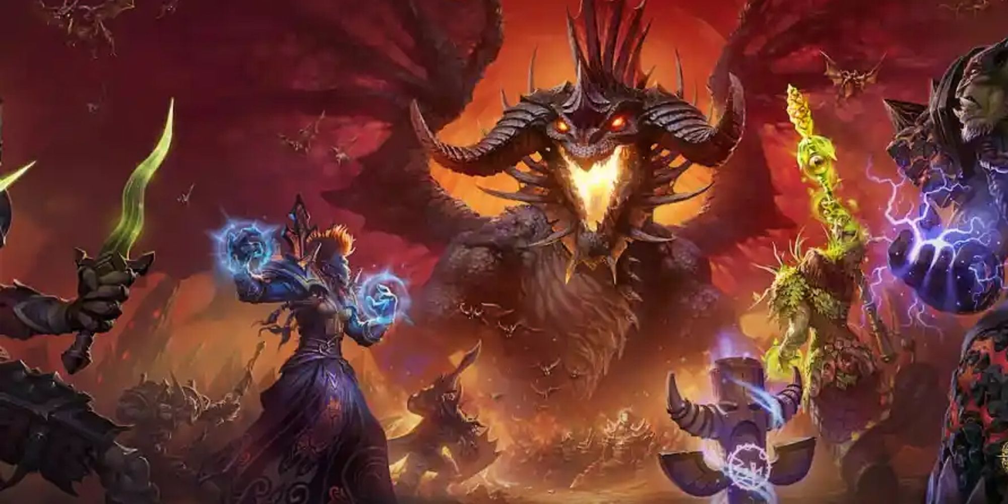 A raid part faces Onyxia in the Onyxia's Lair raid in World of Warcraft