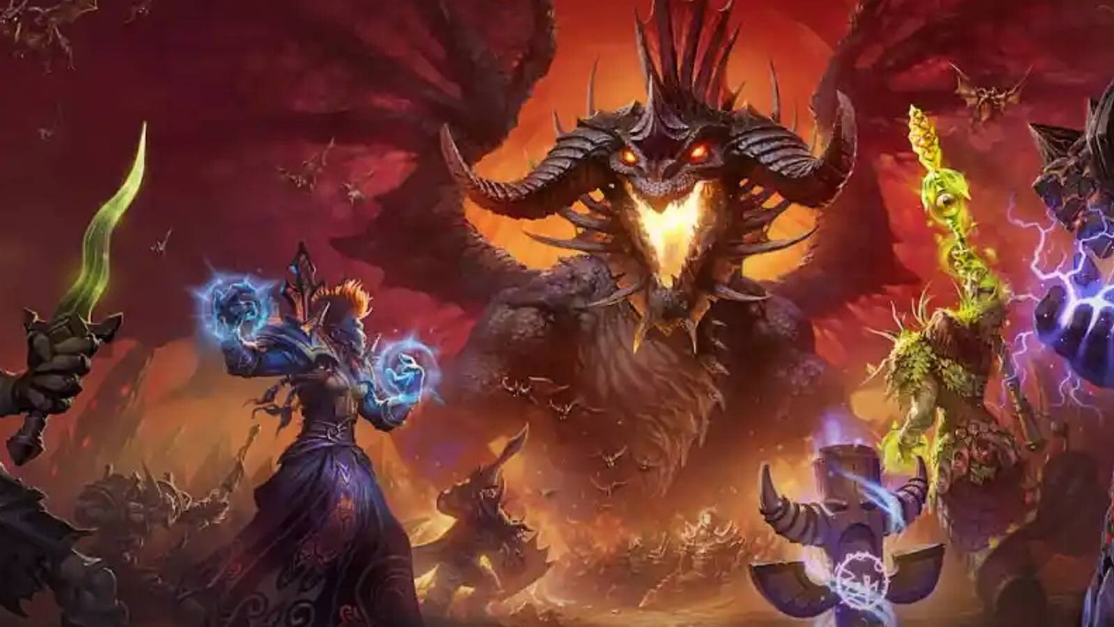A raid part faces Onyxia in the Onyxia's Lair raid in World of Warcraft