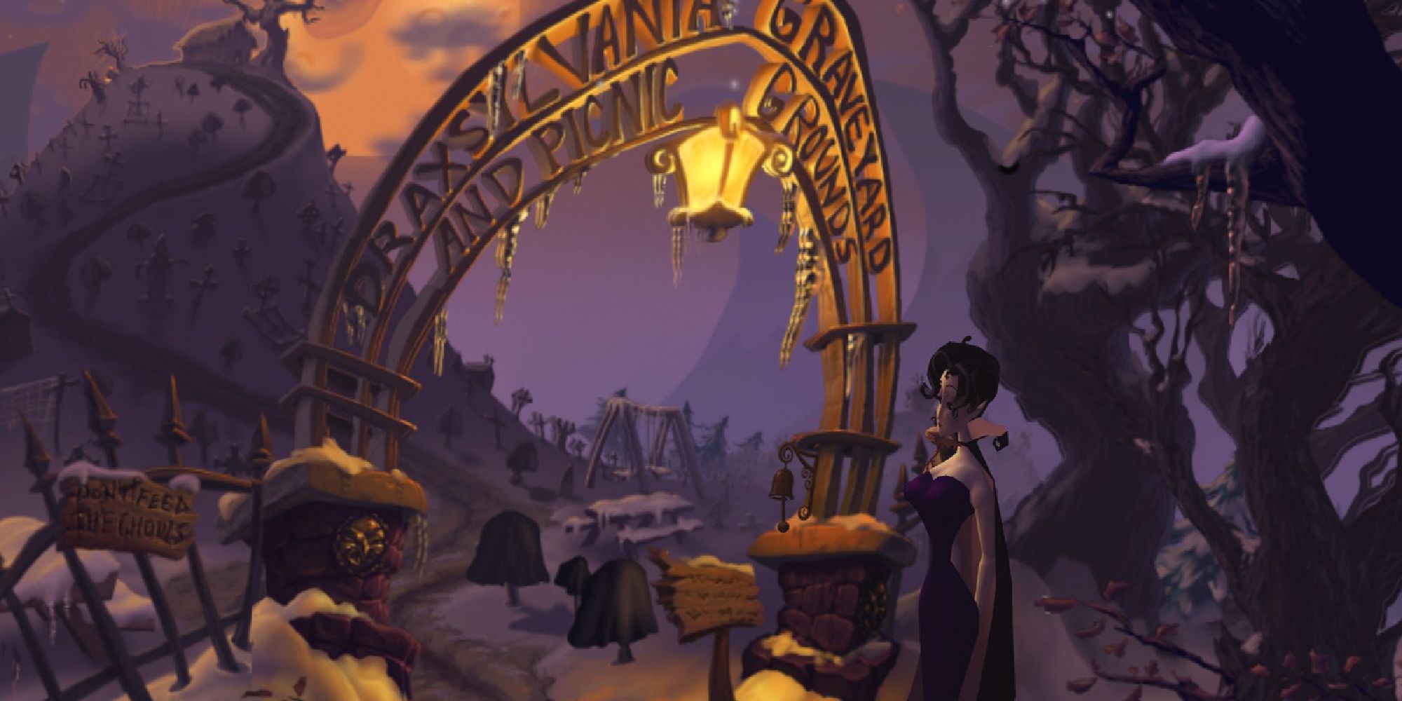 A screenshot from the game featuring the main character and a snowy cemetery. 