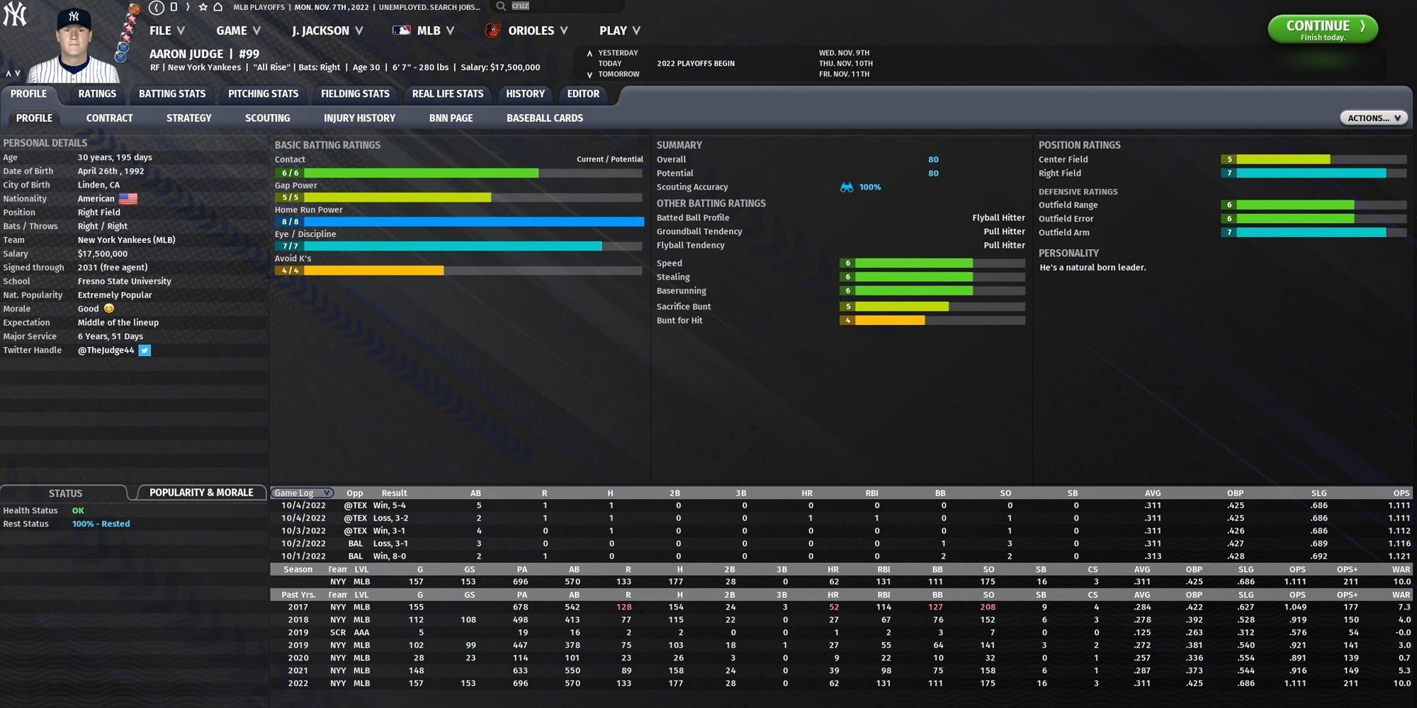 Player profile of Aaron Judge in OOTP 23