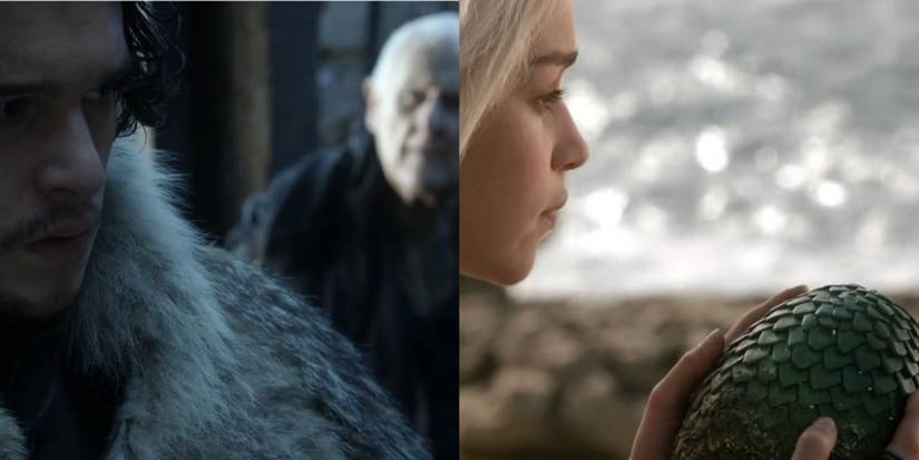 Split feature image of Jon Snow and Aemon Targaryen and Daenerys Targaryen holding a dragon egg in Game of Thrones.