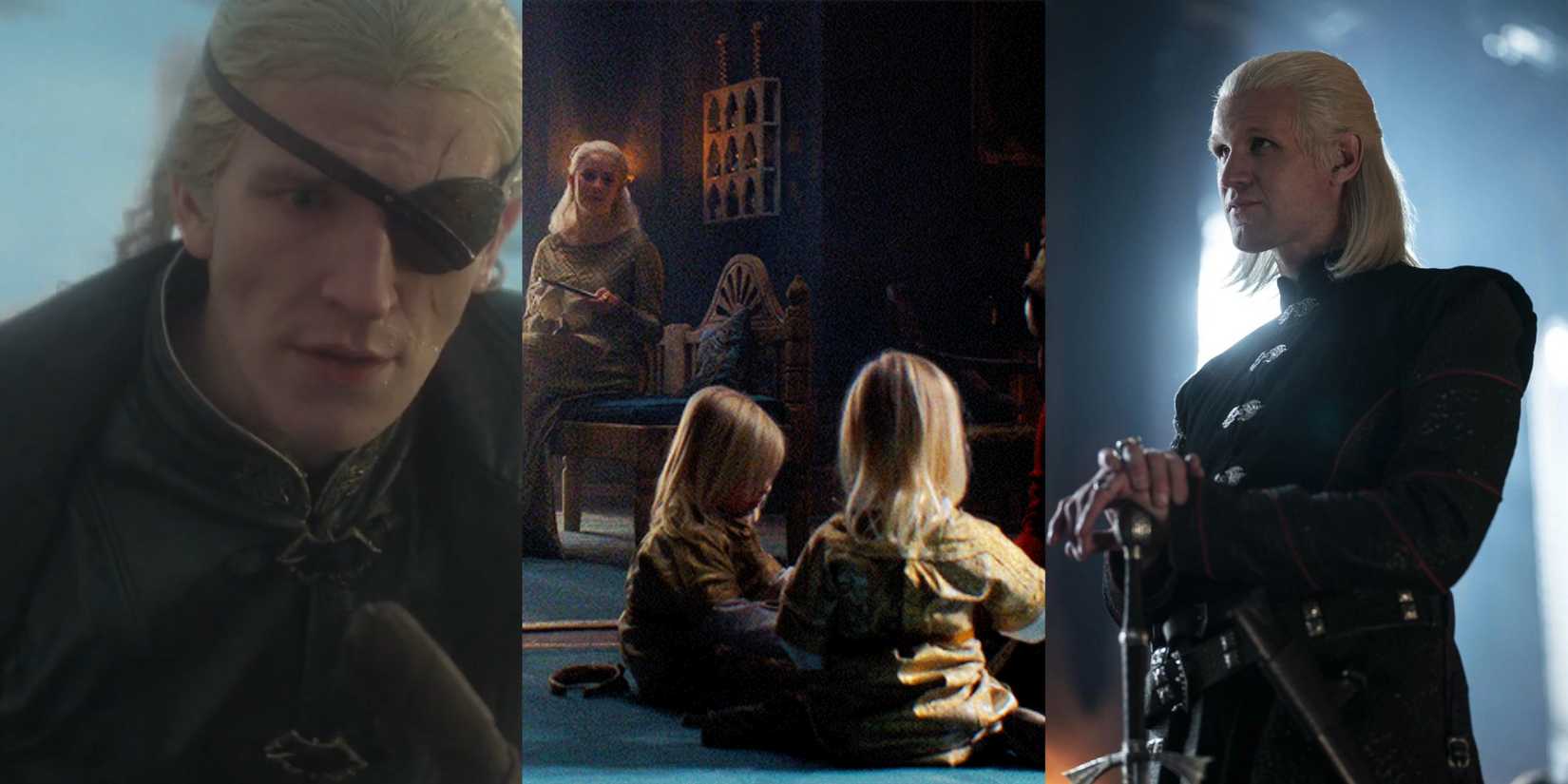 Feature image showing Aemond, Helaena, and Daemon Targaryen in House of the Dragon.