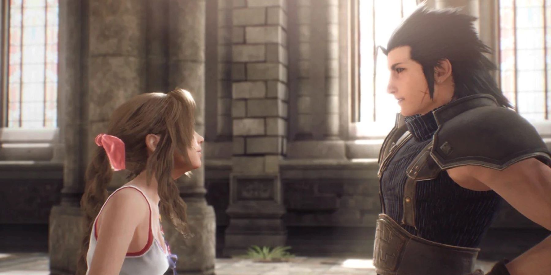 Zack Fair and Aerith Gainsborough talking in a Crisis Core Final Fantasy 7 Reunion cutscene