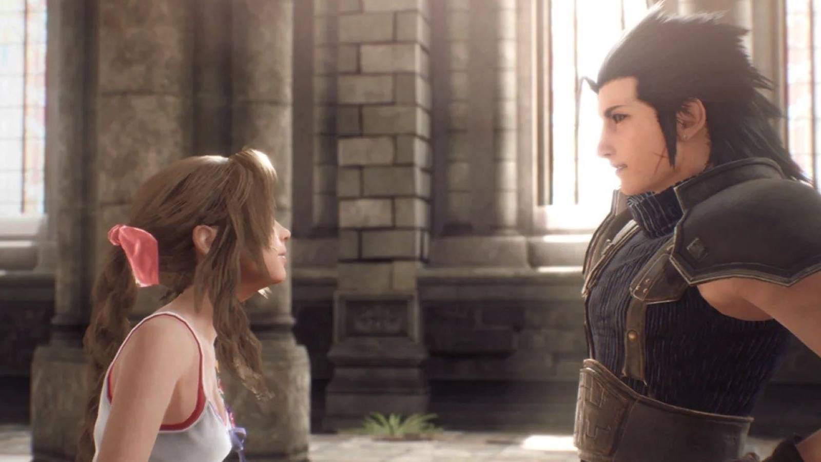 Zack Fair and Aerith Gainsborough talking in a Crisis Core Final Fantasy 7 Reunion cutscene