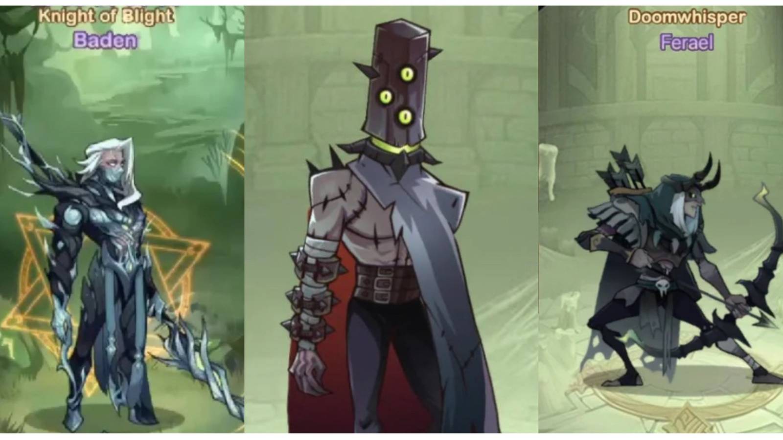 split image of Awakened Baden, Oden, and Ferael in AFK Arena