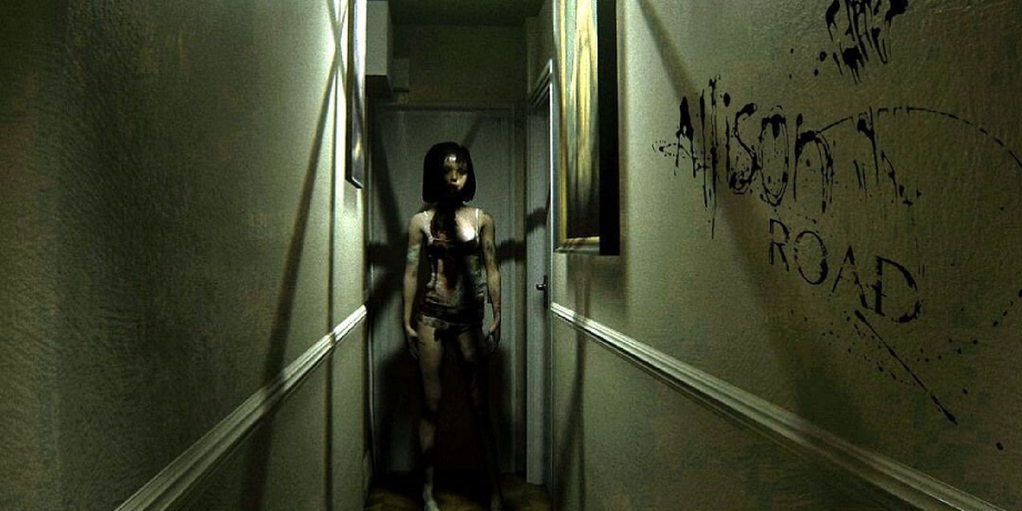 A claustrophobic corridor with the name of the games in blood, a strange doll-like woman standing menacingly on the other side of the corridor.