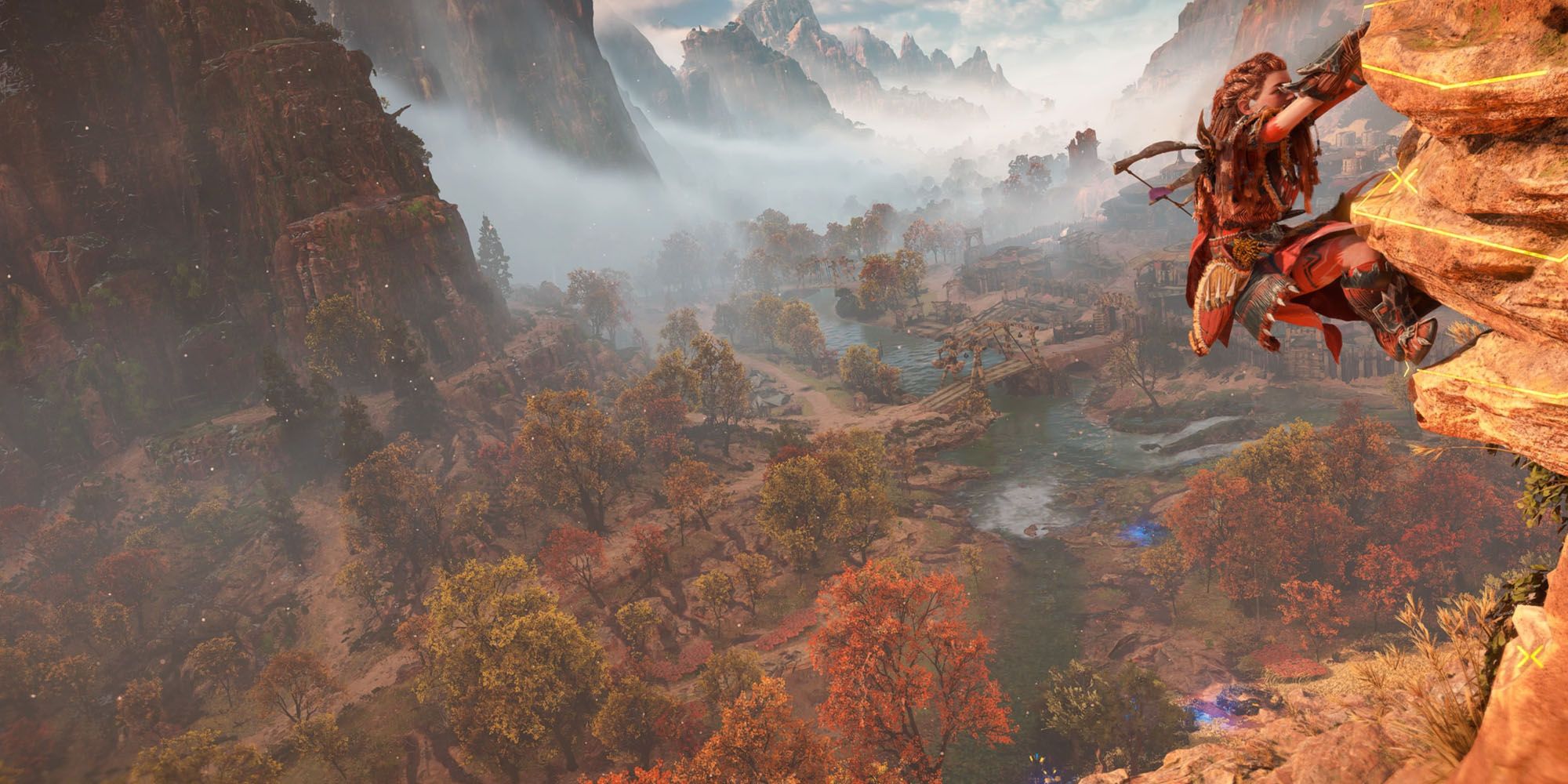Aloy climbing a cliff edge in The Daunt