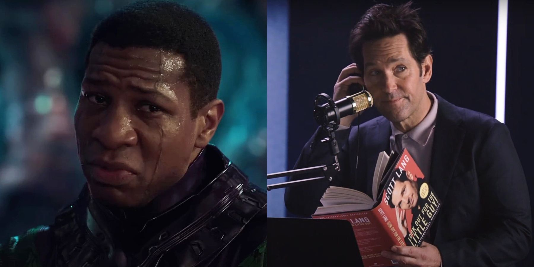 Jonathan Majors as Kang the Conqueror and Paul Rudd reading Ant-Man book split image