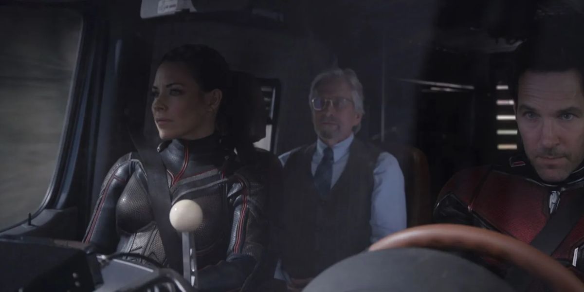Ant-Man and the Wasp along with Dr. Dyke in Ant-Man and the Wasp movie sitting in a car