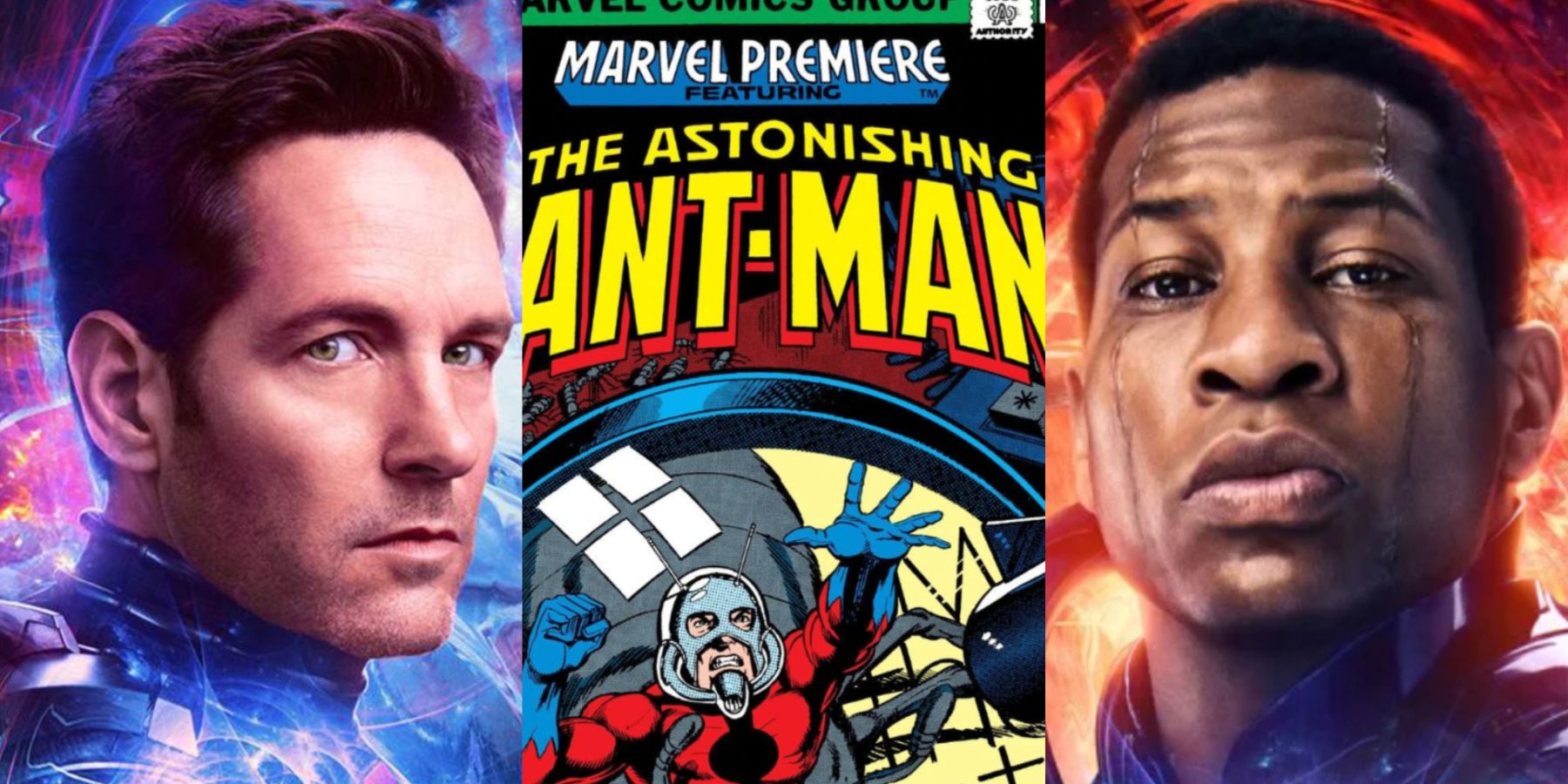 A split image features Scott Lang in the MCU, the cover of Marvel Premiere 47, and Kang in the MCU