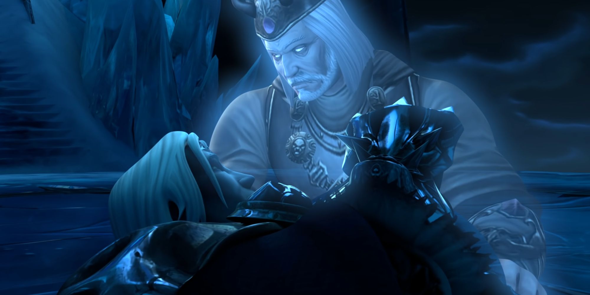 Arthas is comforted by his father King Terenas Menethil as he dies in World of Warcraft