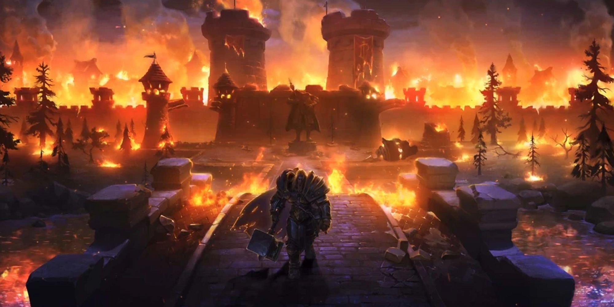 Arthas walks away from Statholme after the purge while the kingdom burns in World of Warcraft
