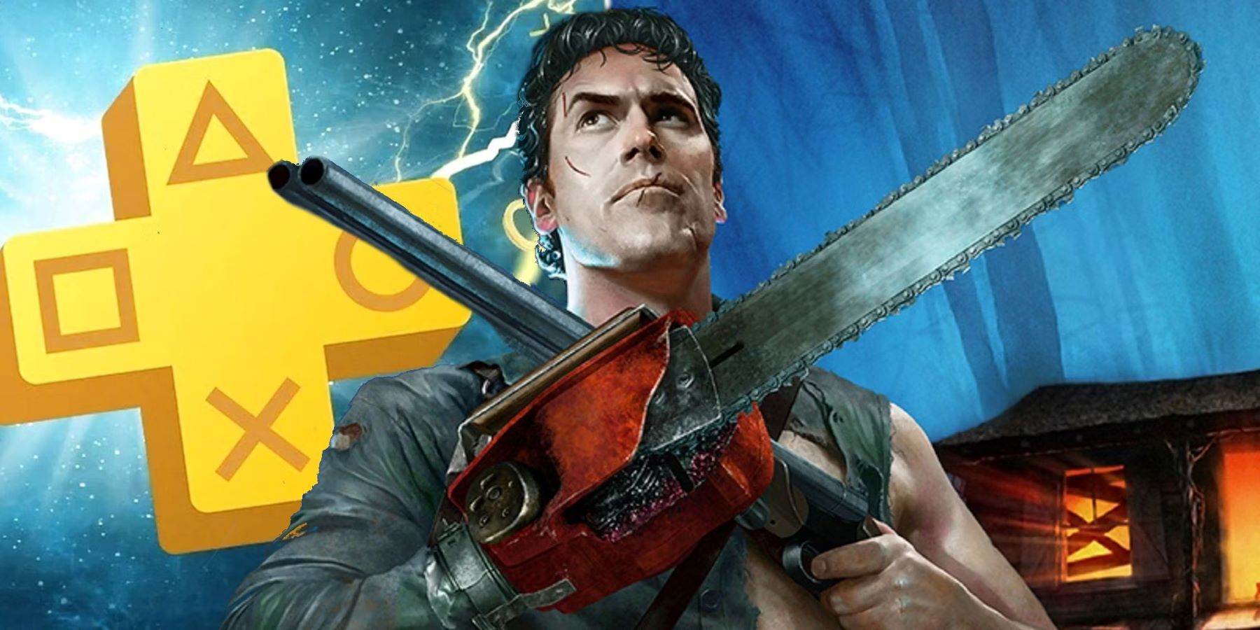 Ash from Evil Dead with PS Plus logo