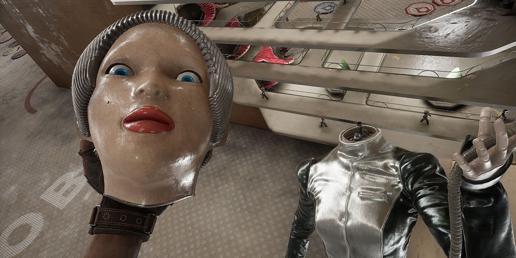 Image from Atomic Heart showing the player holding the head of a female robot in their left hand.