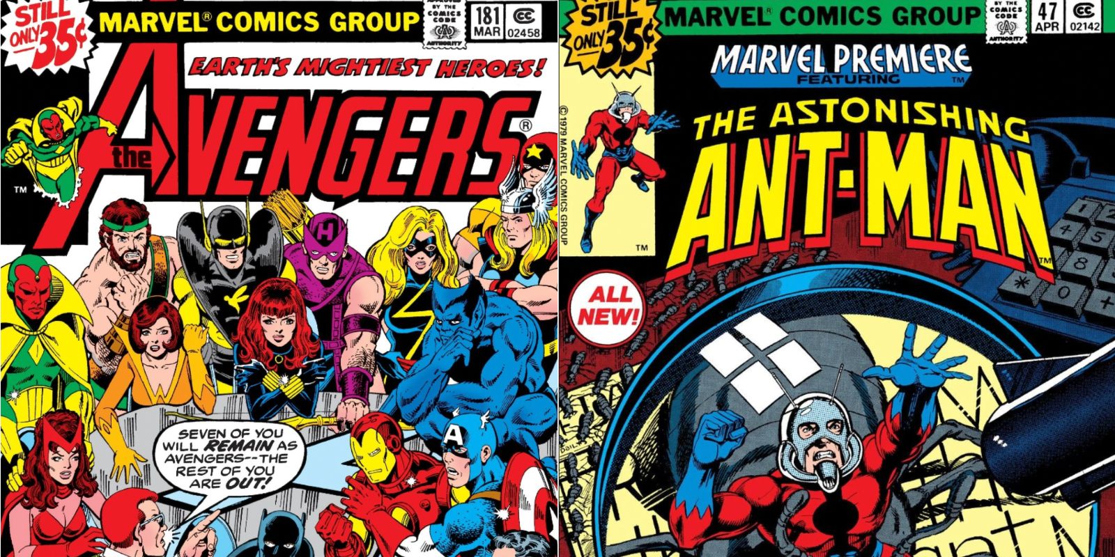 A split image features the comic book covers of Avengers 181 and Marvel Premiere 47