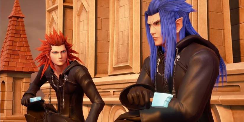 Axel and Saix meeting untop the clocktower in kingdom hearts 3