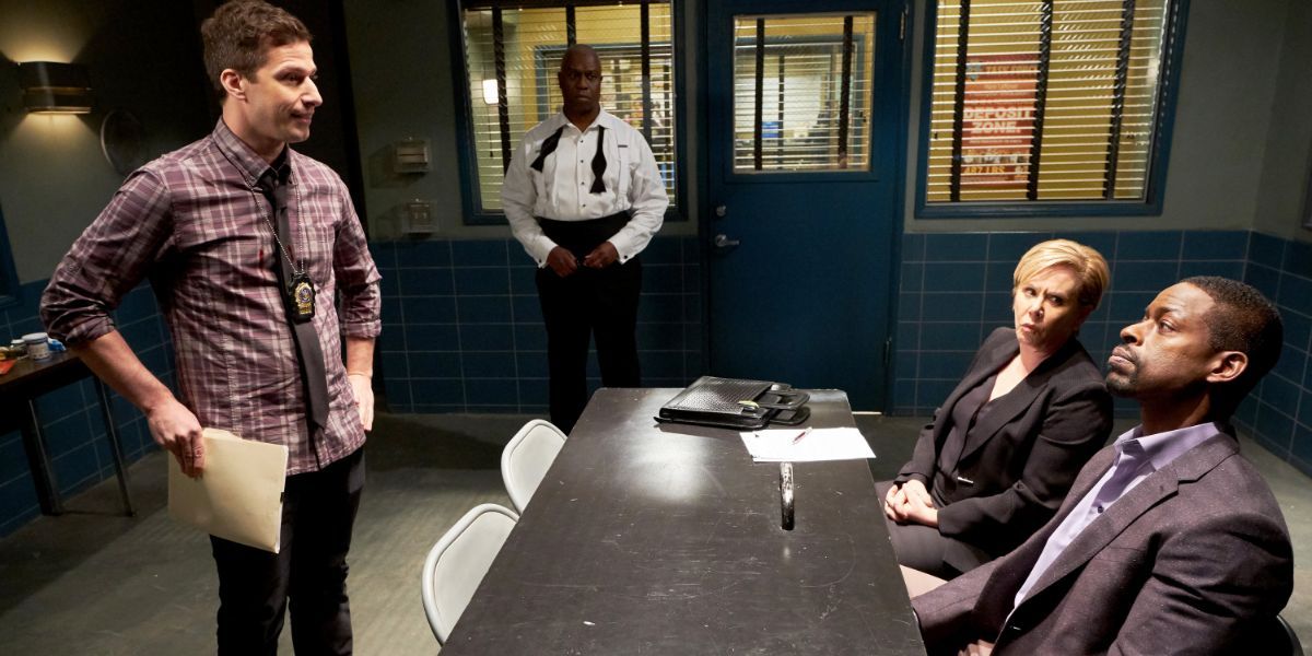 Jake Peralta, Raymond Holt and Phillip in the interrogation room in Brooklyn Nine-Nine