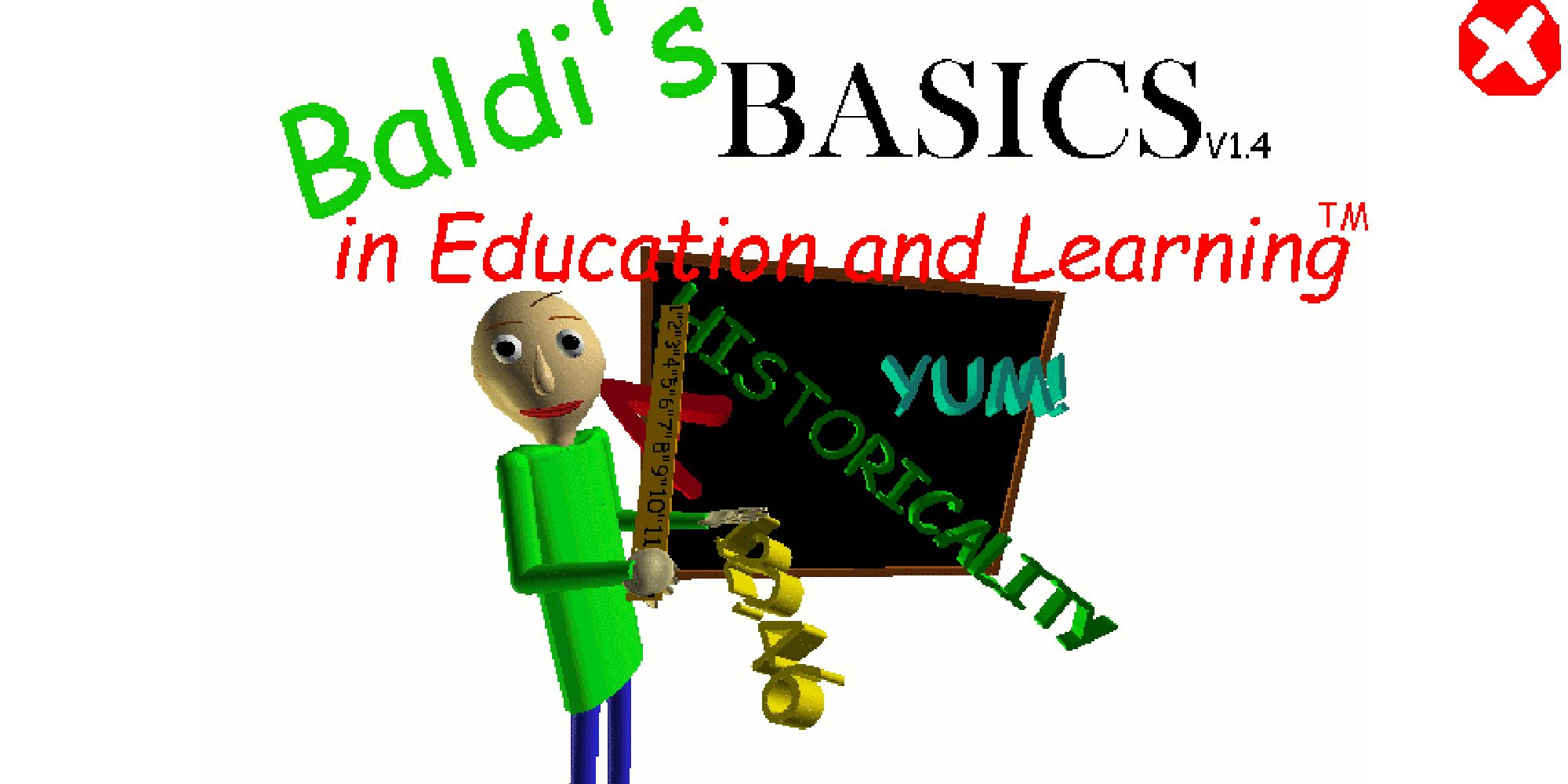 Baldi's Basics in Education and Learning menu screen featuring Baldi holding his ruler.