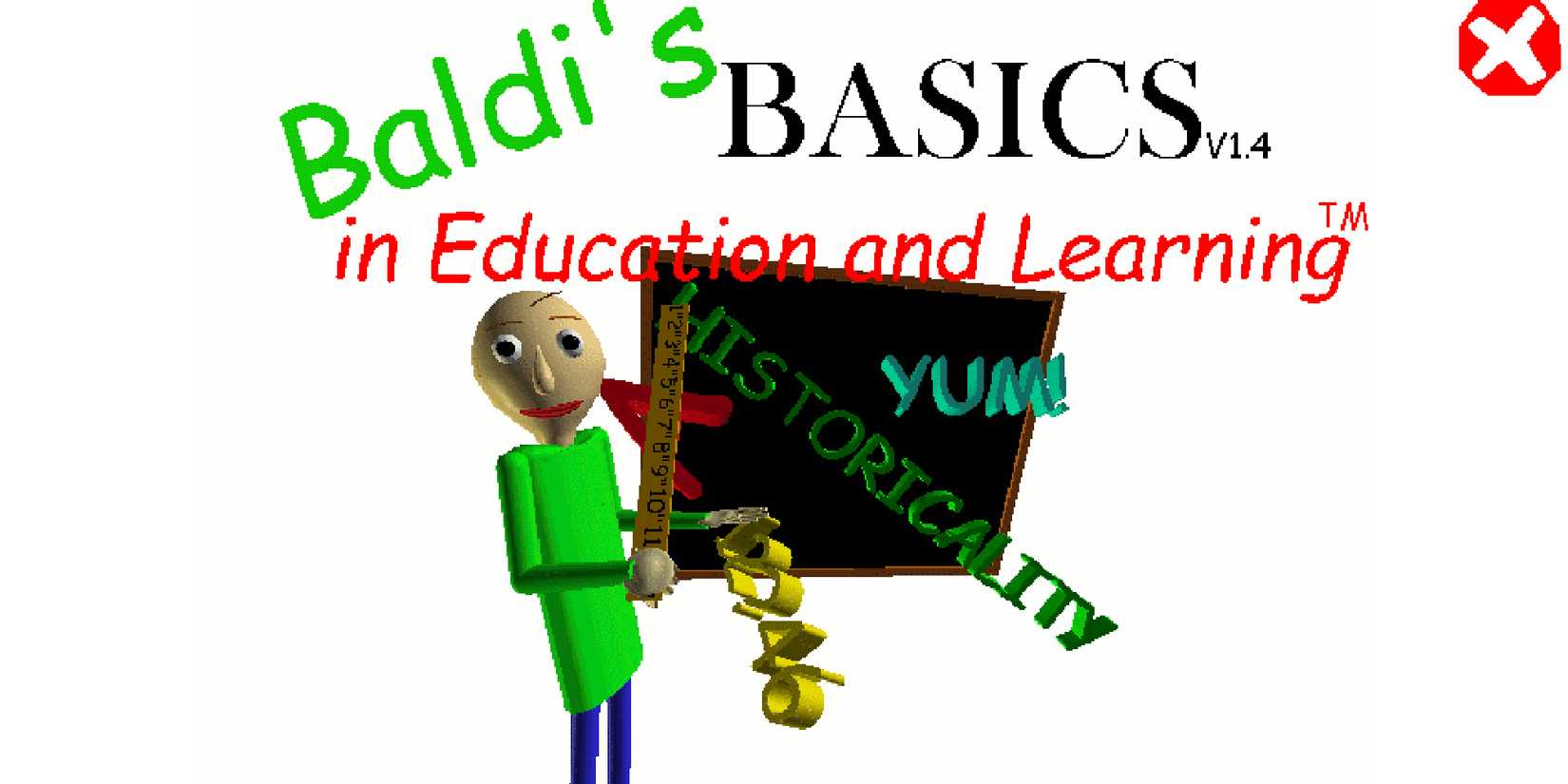 Baldi's Basics in Education and Learning menu screen featuring Baldi holding his ruler.