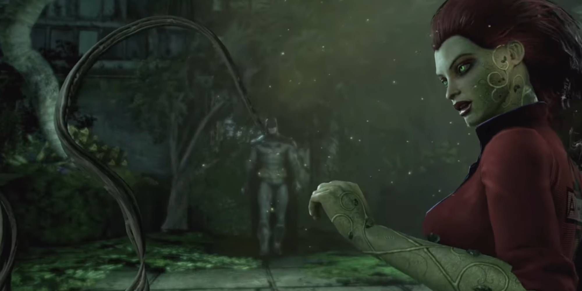 Poison Ivy to the right of the image, and Batman in the center. Ivy is wielding her plant powers