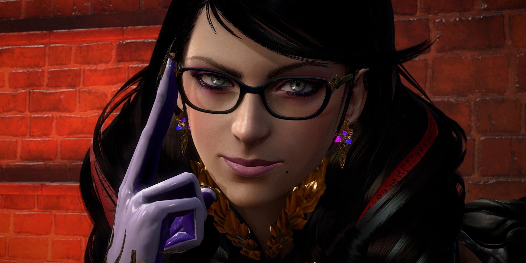 Bayonetta tapping the side of her glasses