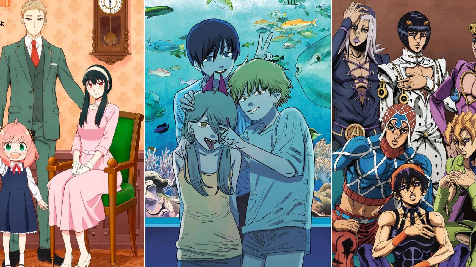 split image of the Forgers from spy x family, denji, aki and power from chainsaw man, and team bucciarati from jojo part 5