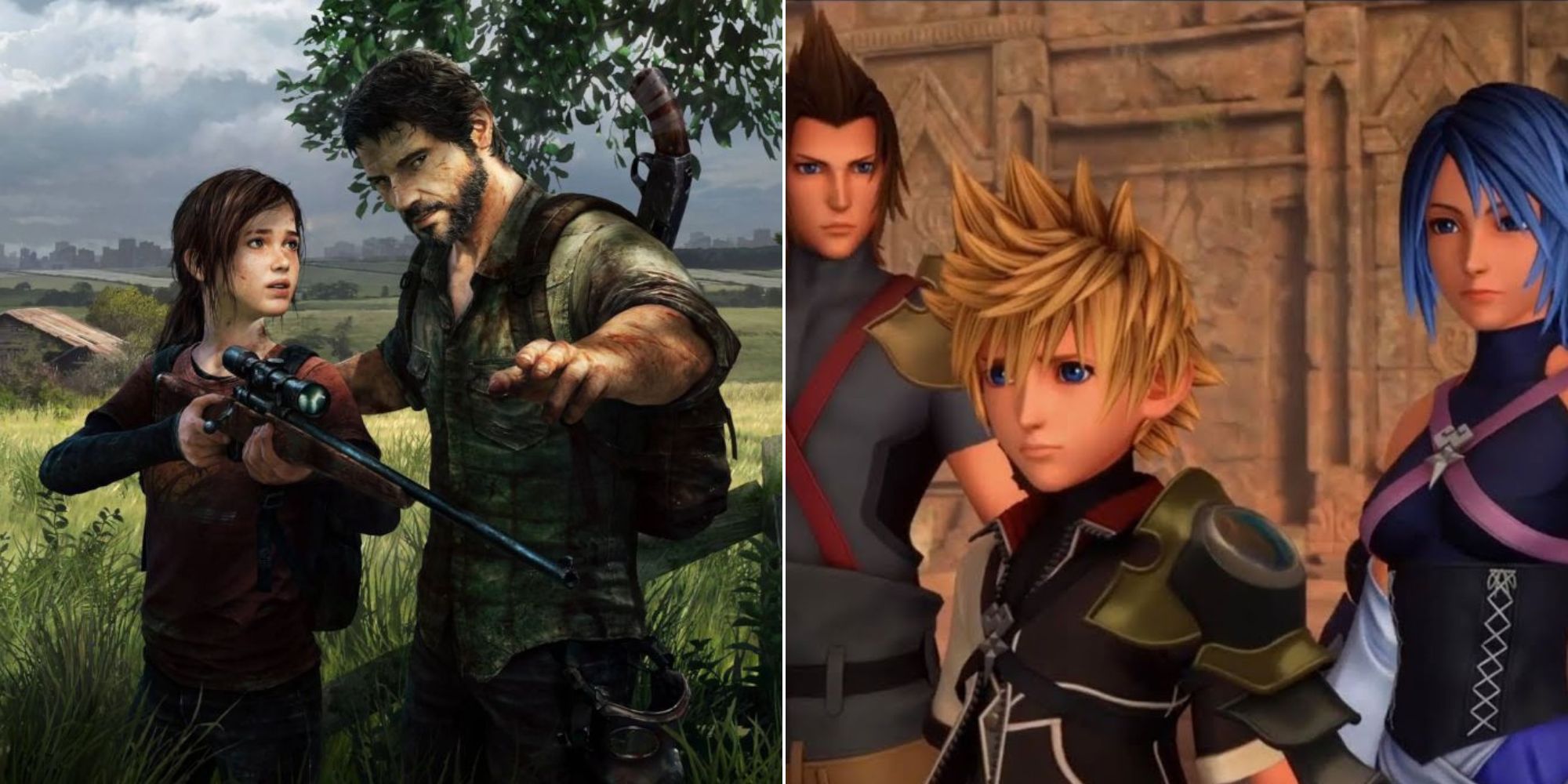 split image of ellie and joel from the last of us and terra, aqua and ventus from kingdom hearts 3