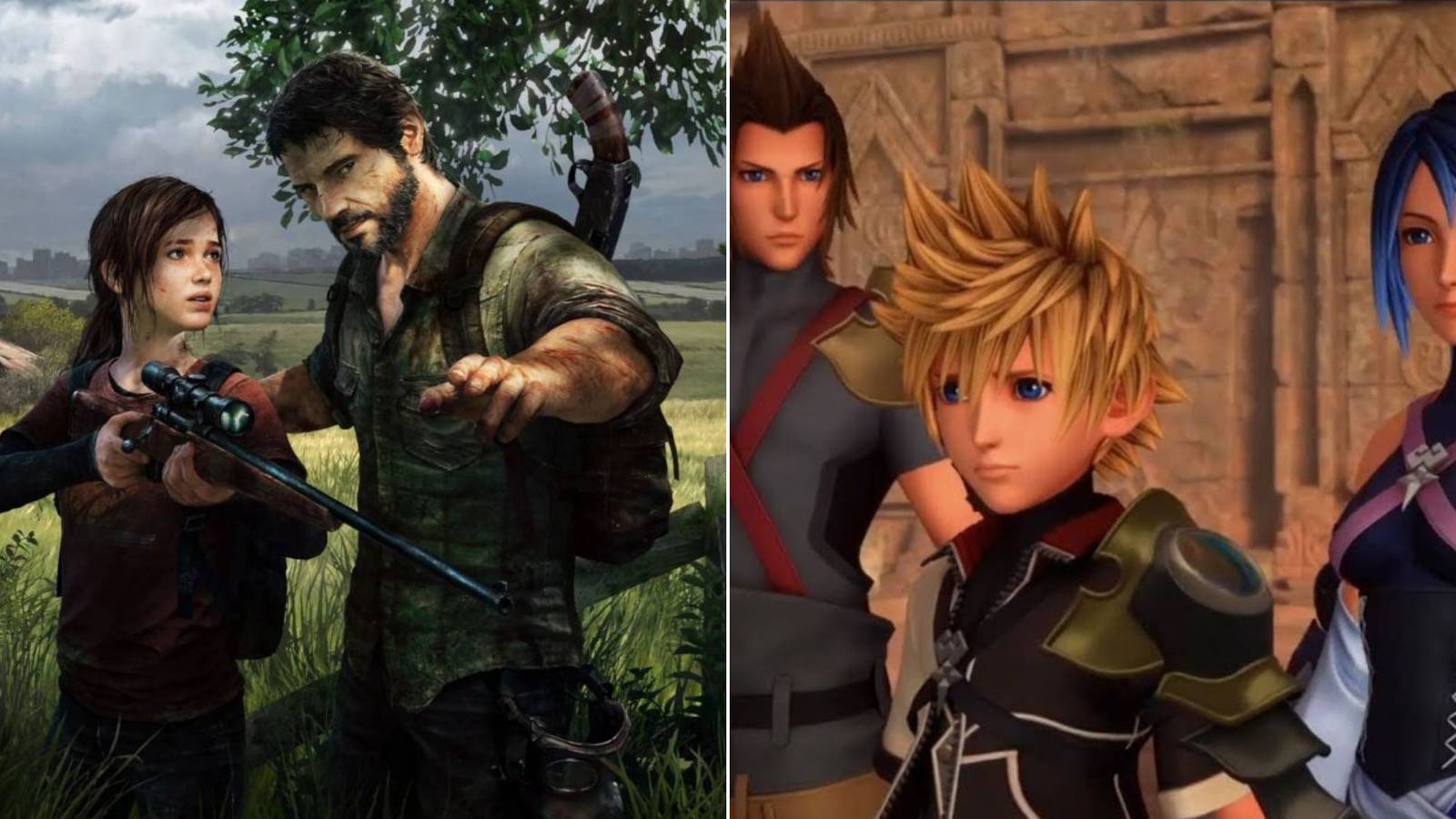 split image of ellie and joel from the last of us and terra, aqua and ventus from kingdom hearts 3