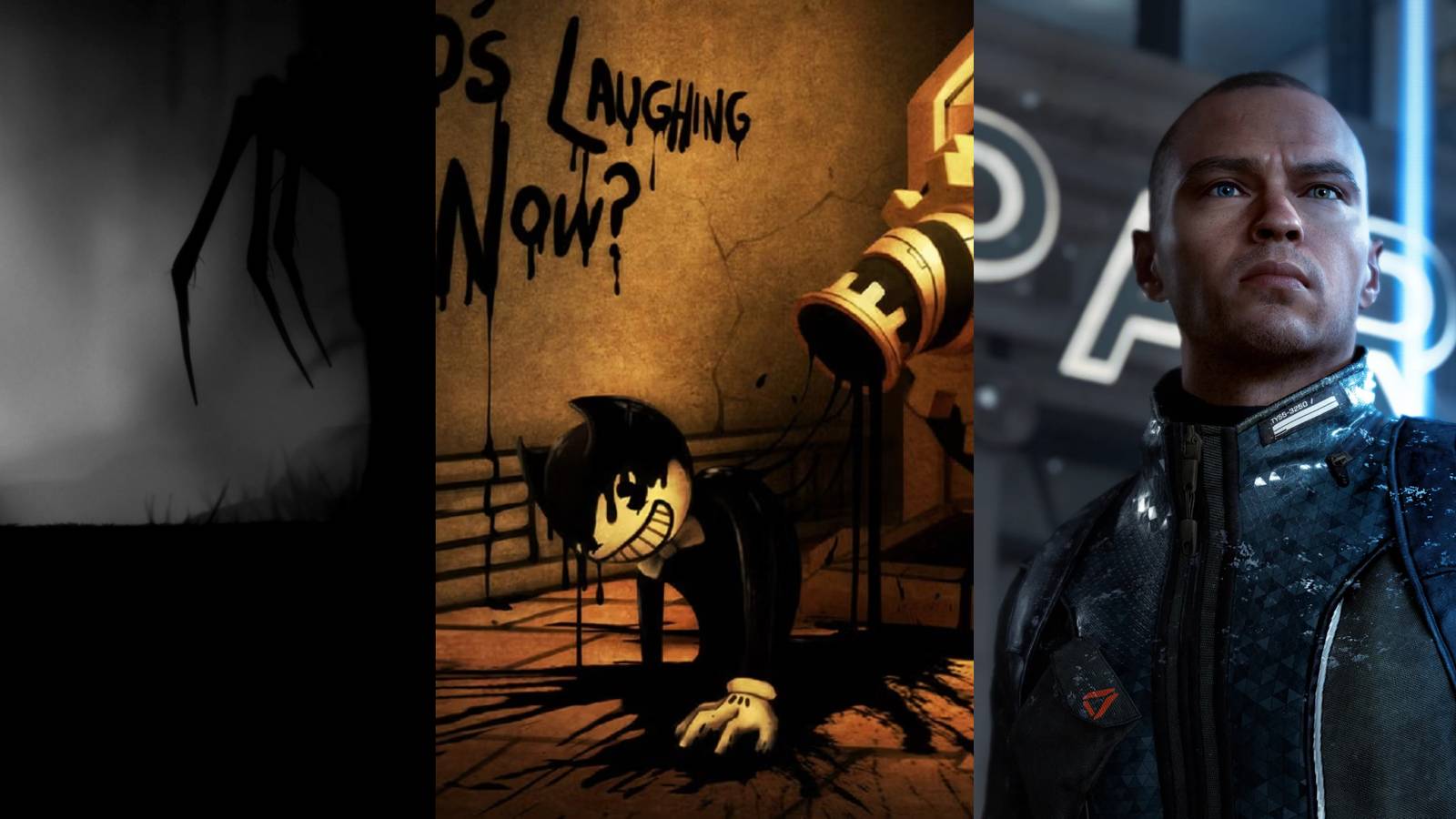 Shots from the games Limbo, Bendy and the Ink Machine, and Detroit Become Human.