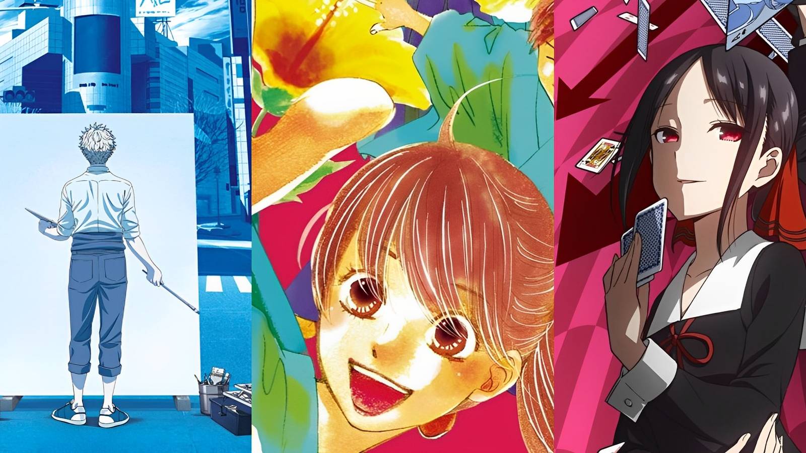 Main characters from Blue Period, Chihayafuru, and Kaguya-sama: Love Is War together