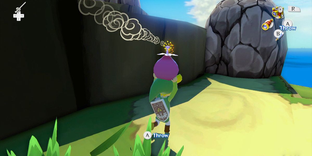 Link carries a Bomb Flower over his head in Wind Waker