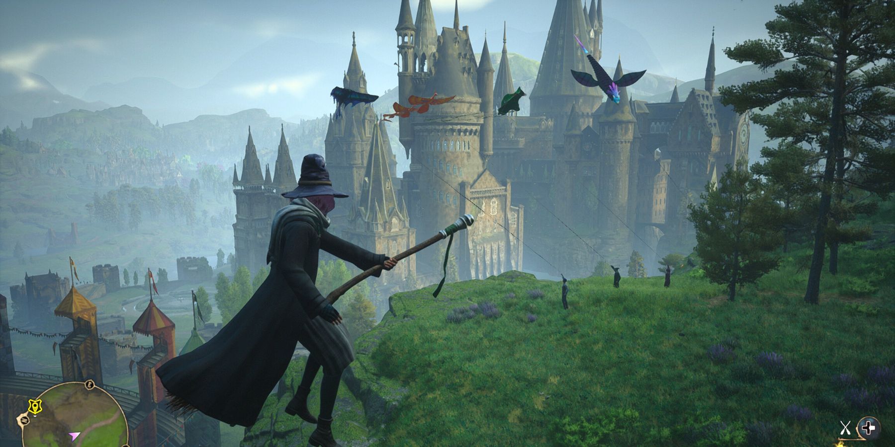 Broom flying by the kite flyers and Quidditch pitch by Hogwarts Castle in Hogwarts Legacy