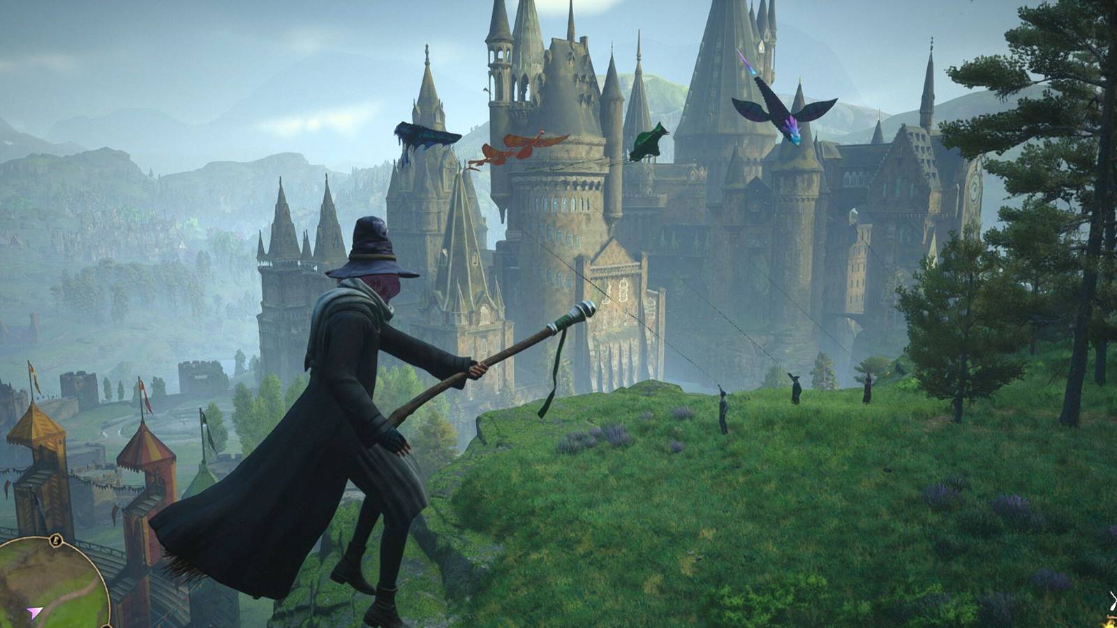 Broom flying by the kite flyers and Quidditch pitch by Hogwarts Castle in Hogwarts Legacy