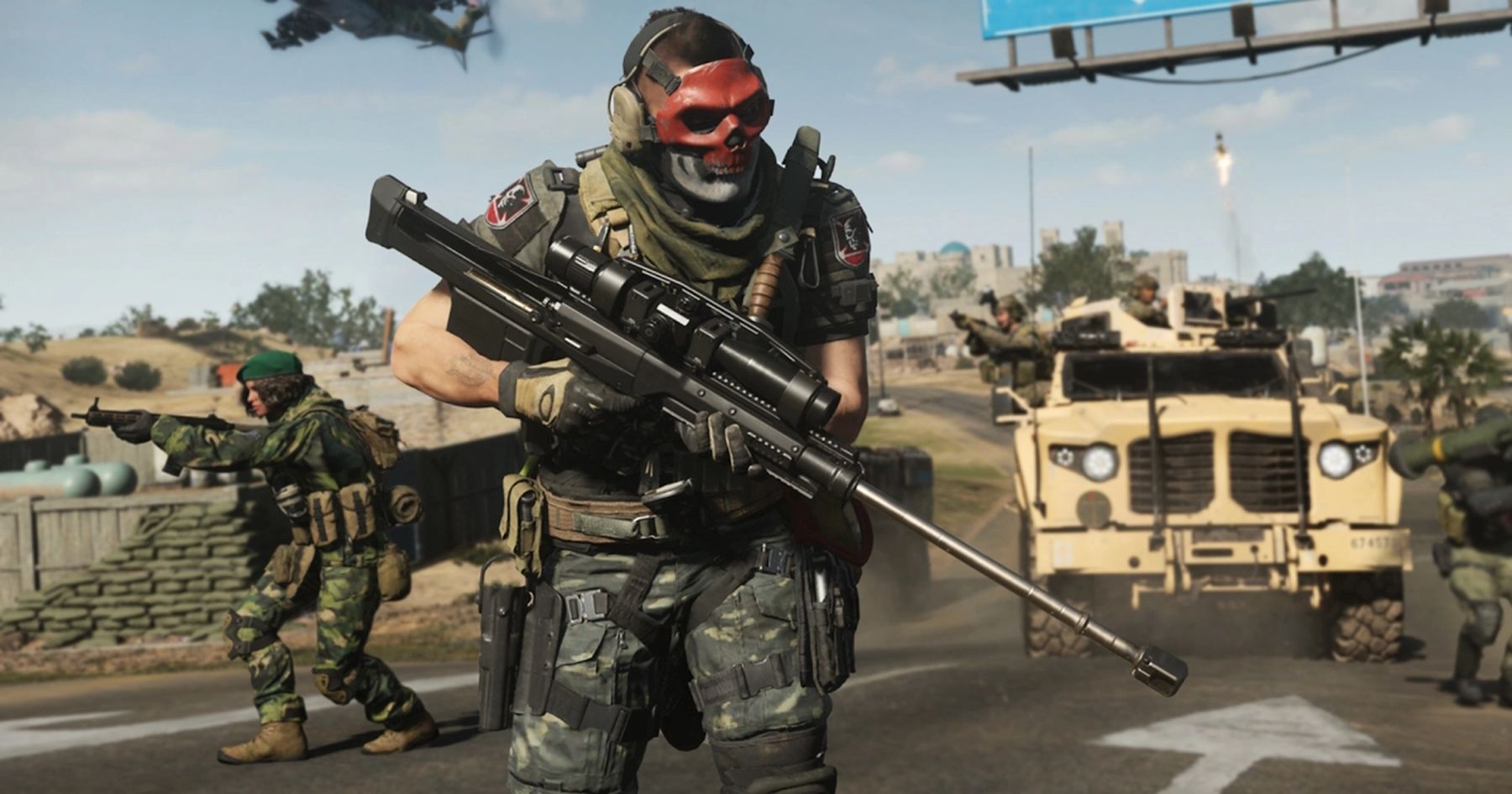 Screenshot from Call of Duty Warzone 2 showing a masked soldier with a sniper rifle