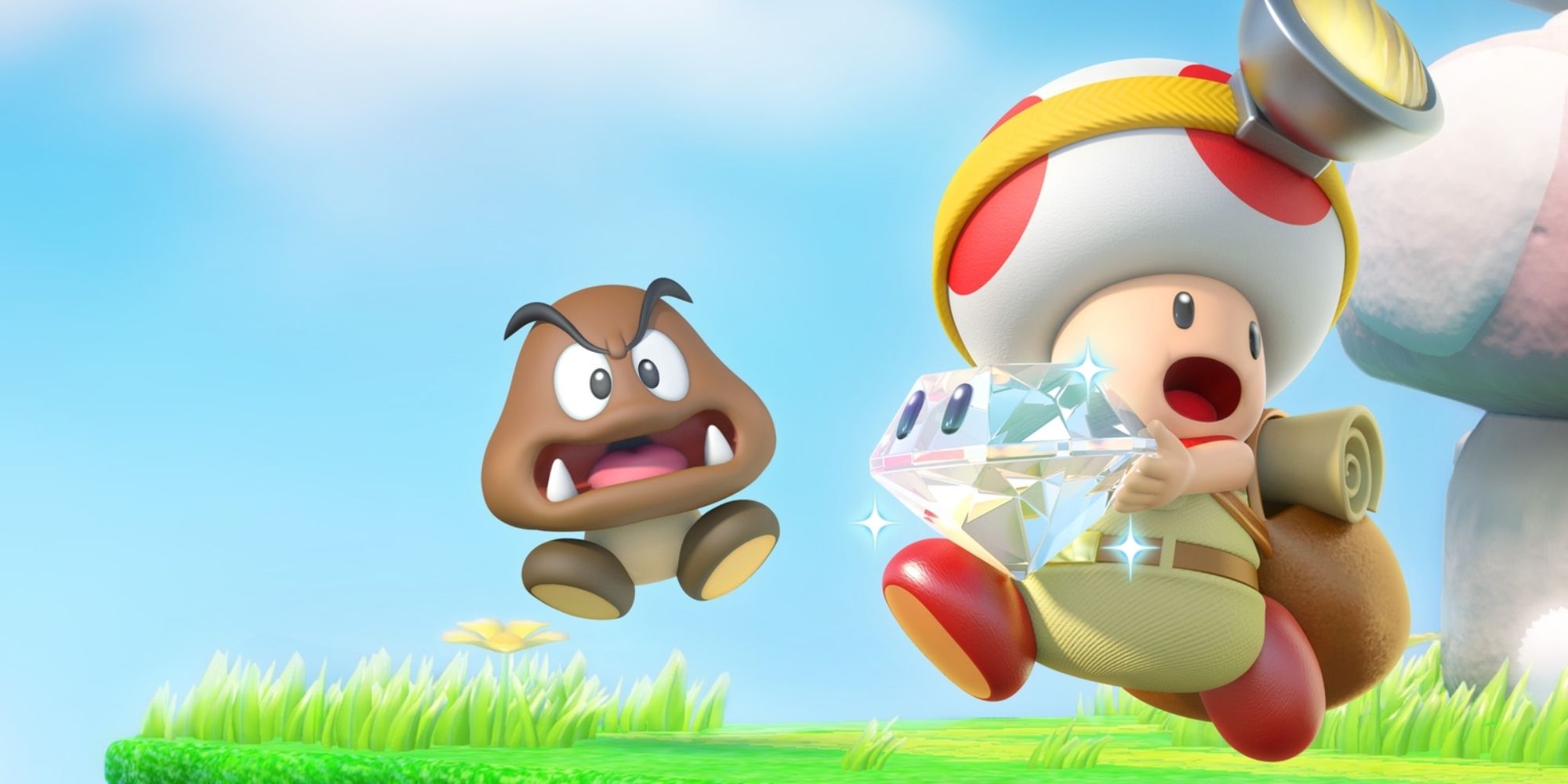 Captain Toad carrying a diamond past a Goomba
