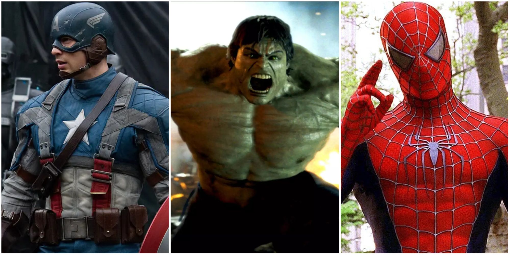 Marvel heroes in Captain America: The First Avenger, The Incredible Hulk, and Spider-Man 2