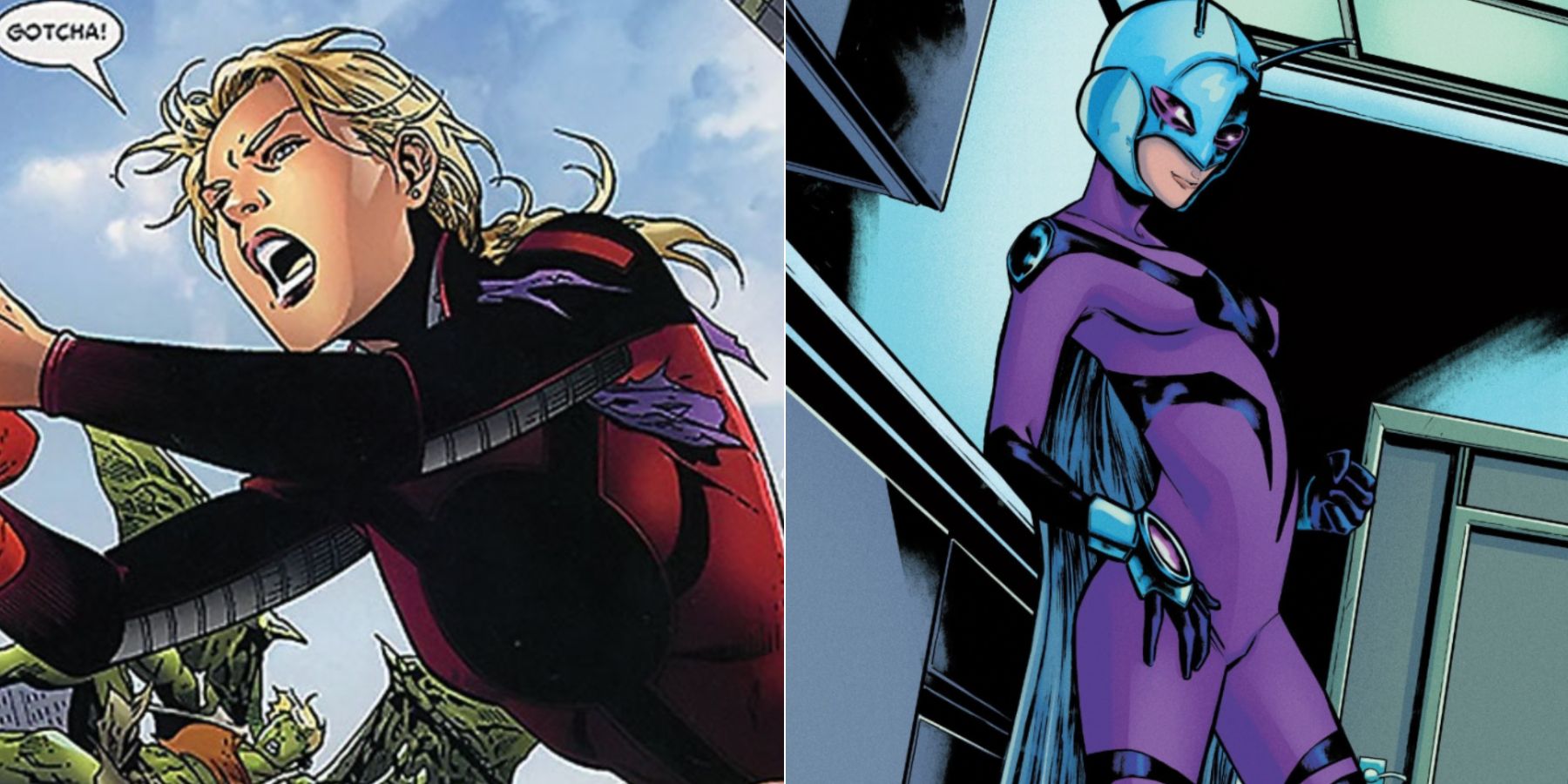 A split image of Cassie Lang as Stature and Stinger in Marvel Comics