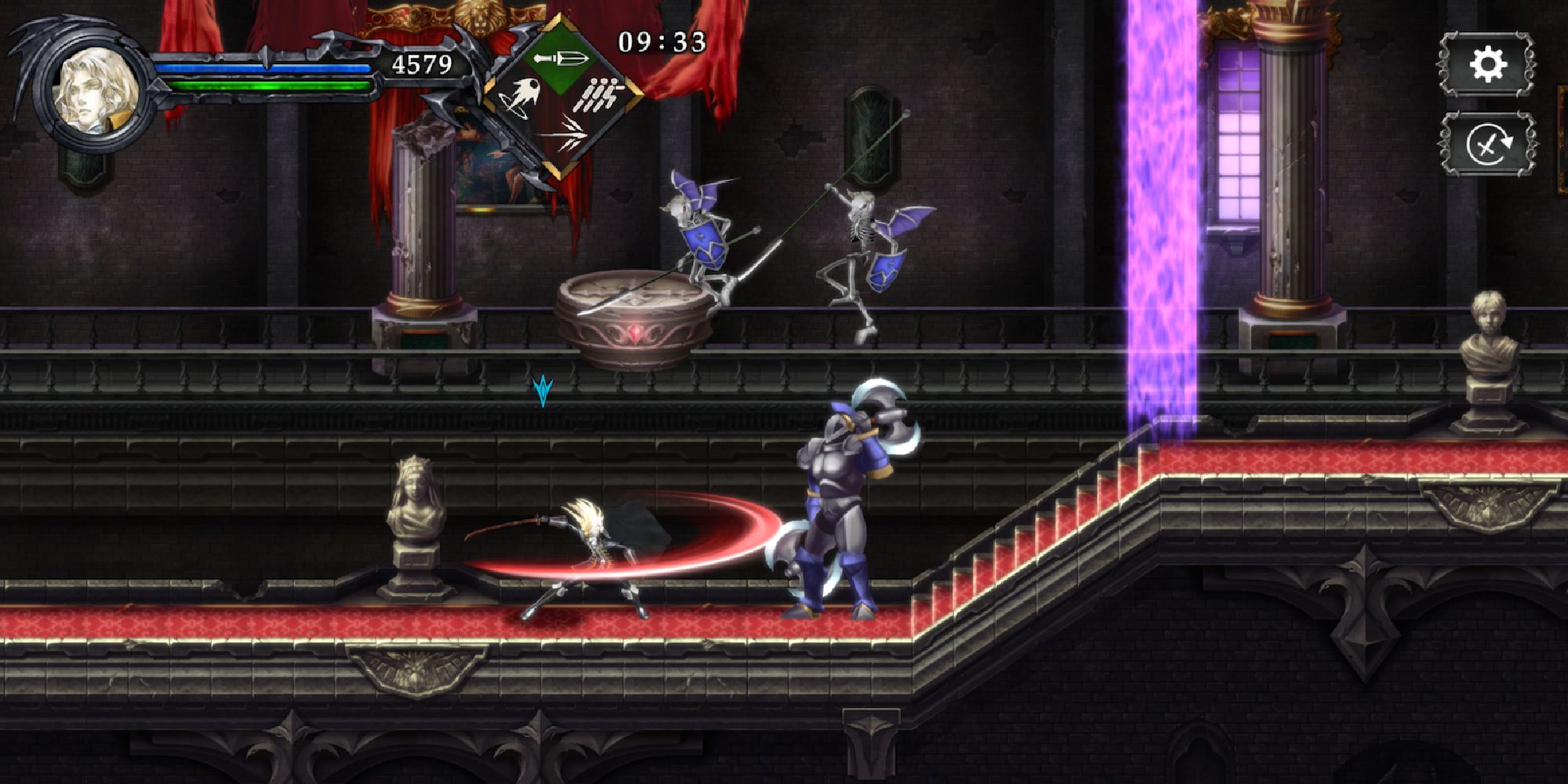 Alucard fighting through enemies on a 2D side-scrolling map.