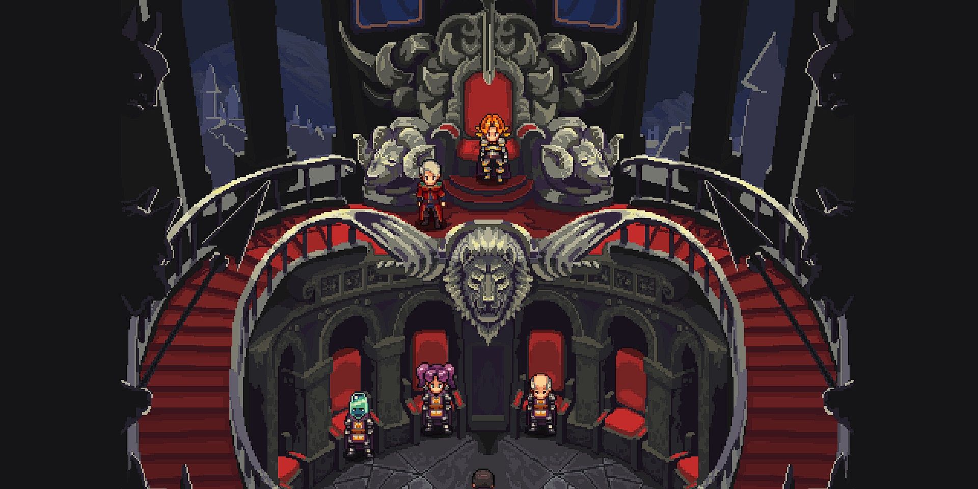 A throne room with multiple characters in Chained Echoes