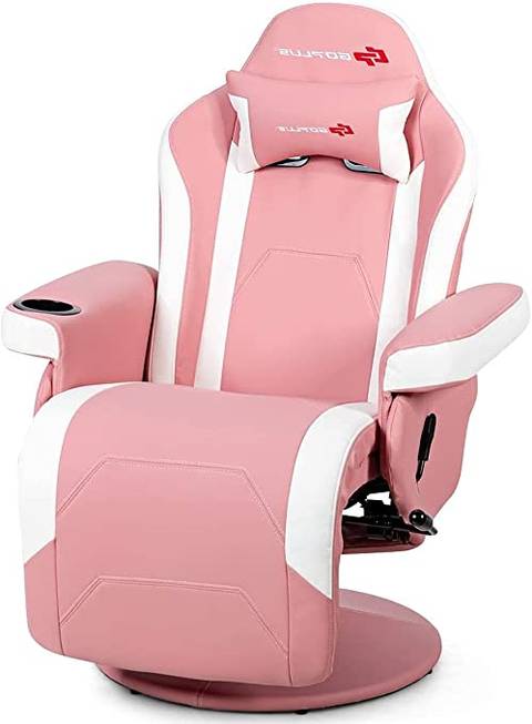 CHEFJOY Pink Massage Gaming Chair with Side Pouch and Cup Holder