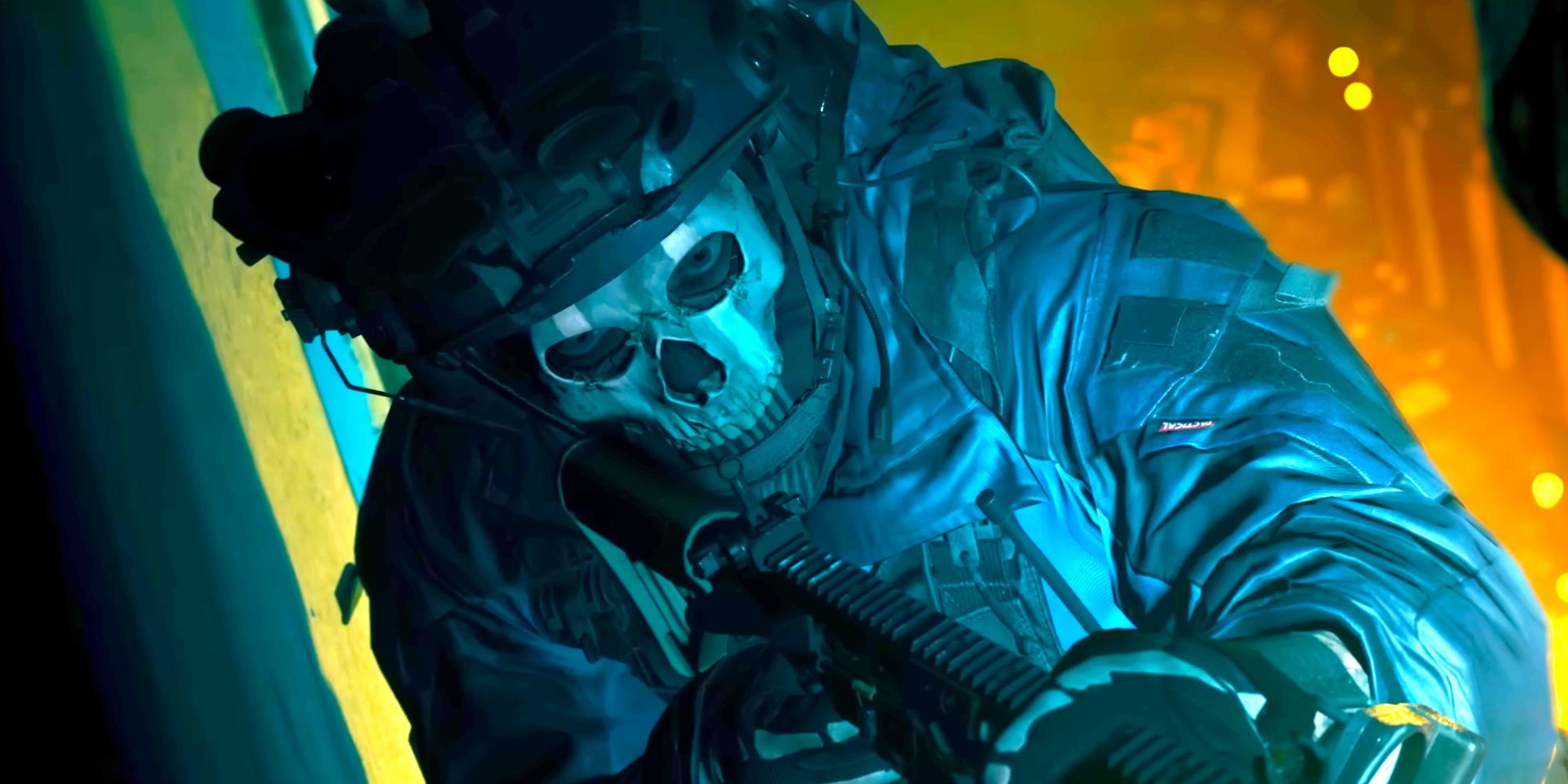 Closeup Face Shot Of Ghost Aiming Down Sights Of A Gun In Modern Warfare 2