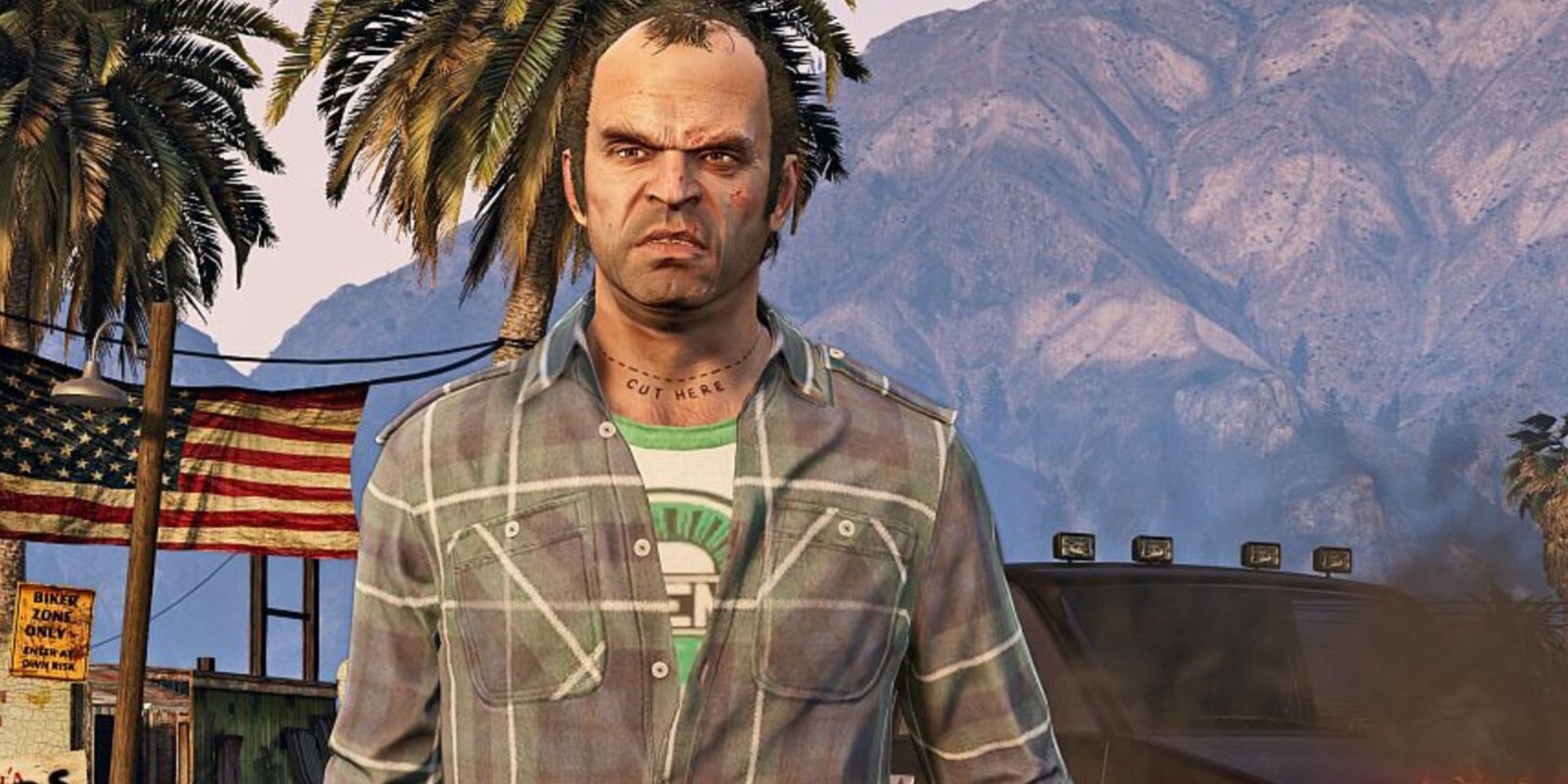 Closeup Face Shot Of Trevor With Mountains And A Tree In The Background From GTA V