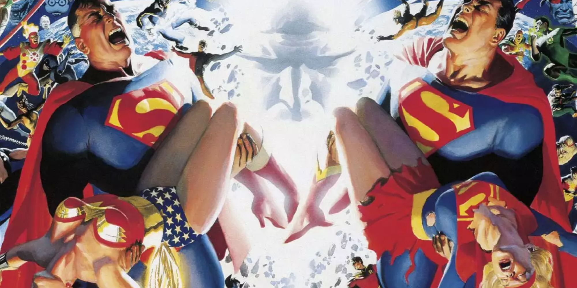 A comic cover for Crisis on Infinite Earths with two Supermen mourning Wonder Woman and Supergirl