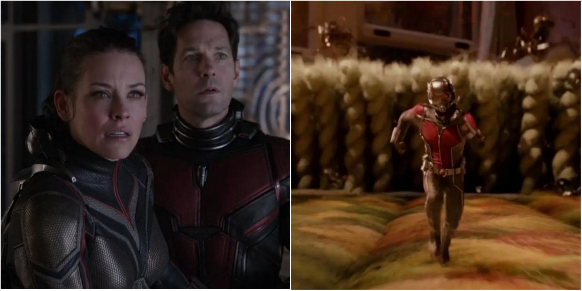 Ant-Man and the Wasp close up shot on the left and Ant-Man running on the right